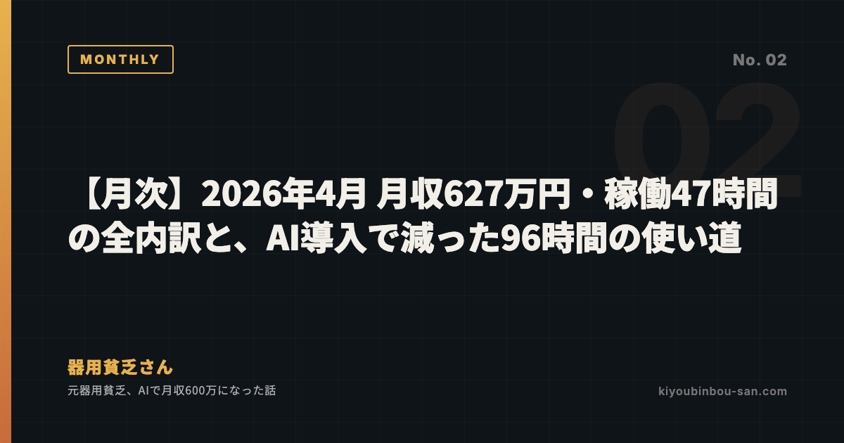 【月次】2026年4月 月収627万円・稼働47時間の全内訳と、AI導入で減った96時間の使い道