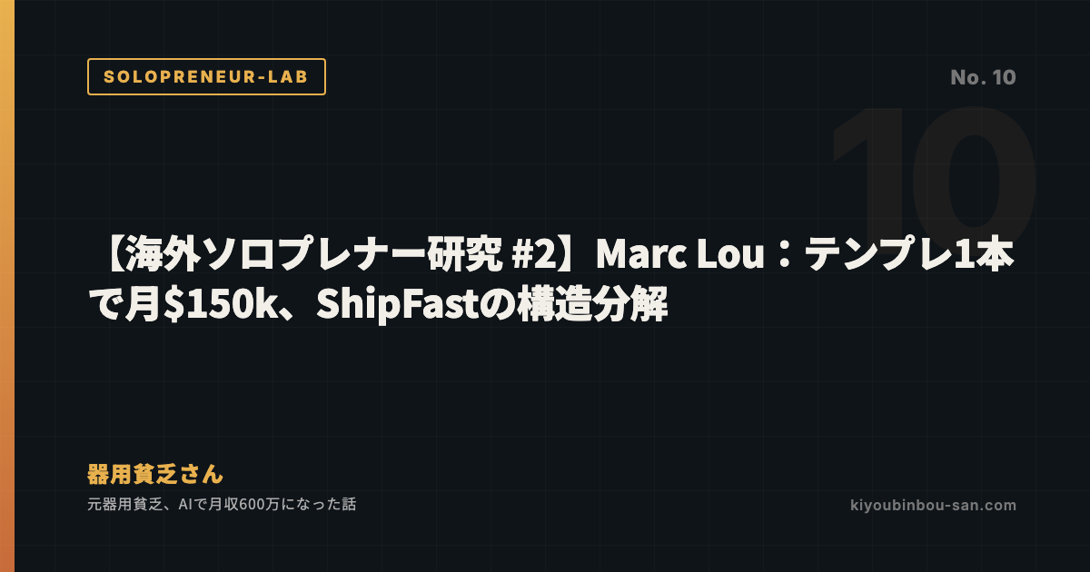 【海外ソロプレナー研究 #2】Marc Lou：テンプレ1本で月$150k、ShipFastの構造分解