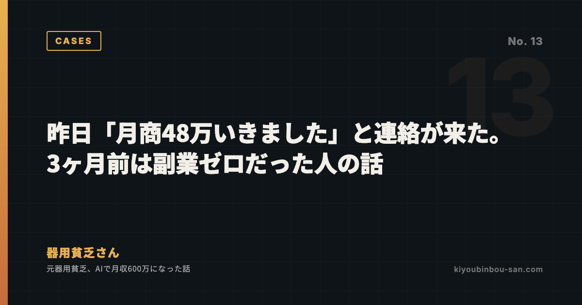 昨日「月商48万いきました」と連絡が来た。3ヶ月前は副業ゼロだった人の話