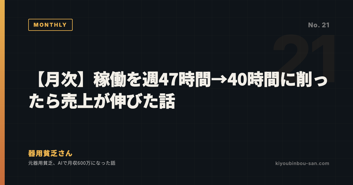 【月次】稼働を週47時間→40時間に削ったら売上が伸びた話