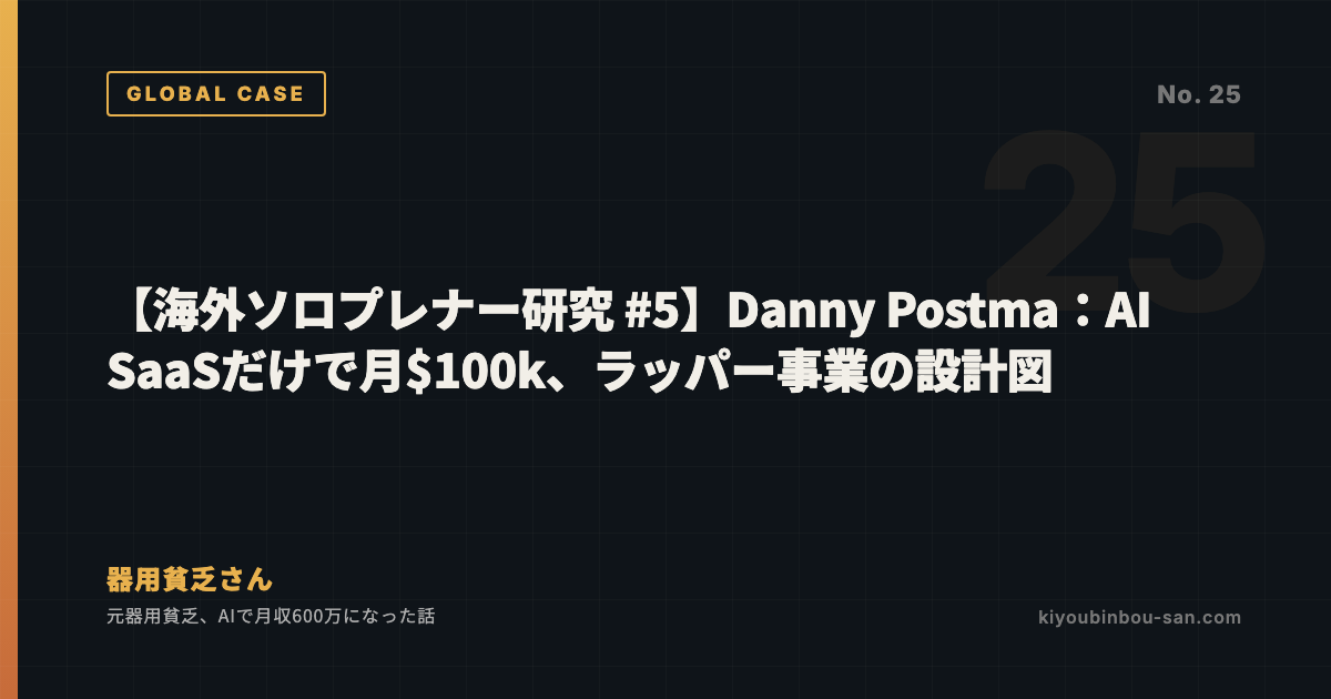 【海外ソロプレナー研究 #5】Danny Postma:AI SaaSだけで月$100k、ラッパー事業の設計図