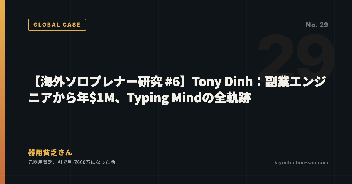 【海外ソロプレナー研究 #6】Tony Dinh：副業エンジニアから年$1M、Typing Mindの全軌跡
