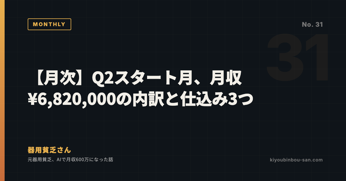 【月次】Q2スタート月、月収¥6,820,000の内訳と仕込み3つ